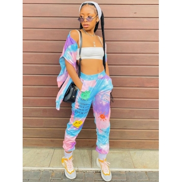 

LW Letter Print Tie-dye Oversized Pants Set, Blue