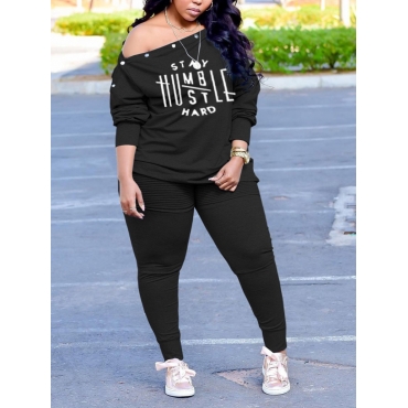 

LW Plus Size Letter Print Drawstring Pants Set, Black