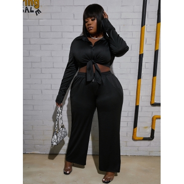 

LW Plus Size Lapel Neck Drawstring Pants Set, Black