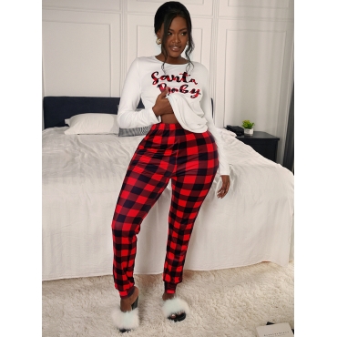 

LW Letter Plaid Print Pants Set, Red