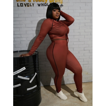 

LW Plus Size Striped Drawstring Pants Set, Wine red