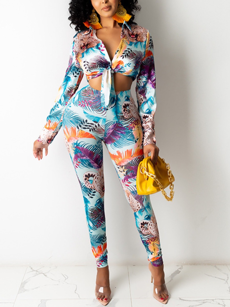 

LW Mixed Print Tie Hem Crop Top Pants Set, Blue