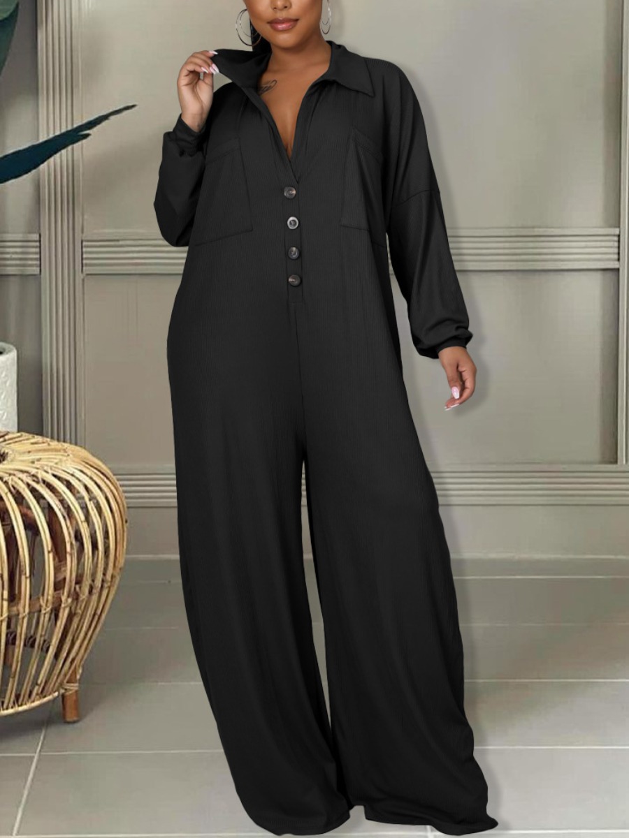

LW Plus Size Button Design Loose Jumpsuit, Black