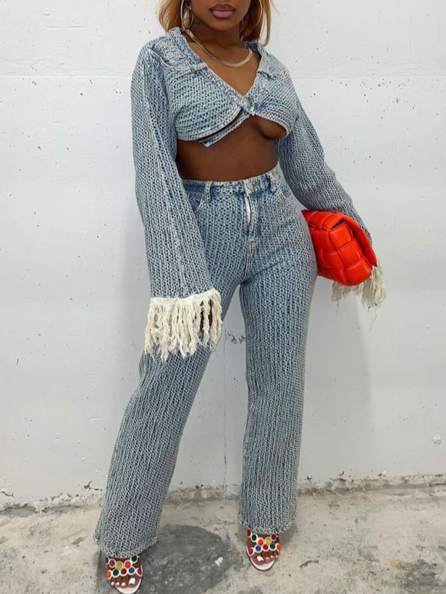 

LW V Neck Tassel Design Patchwork Denim Pants Set, Baby blue