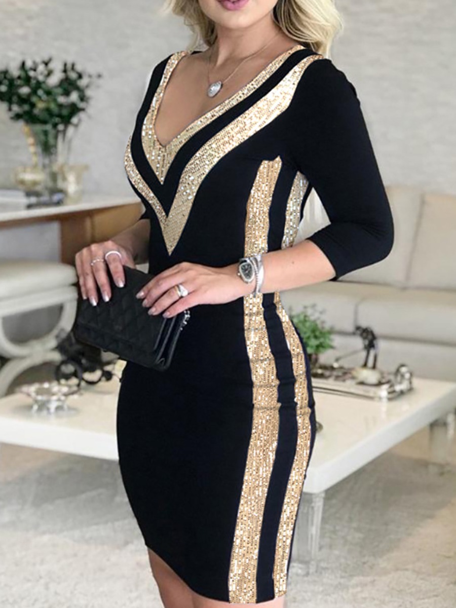 

LW V Neck Sequin Stripe Bodycon Dress, Black