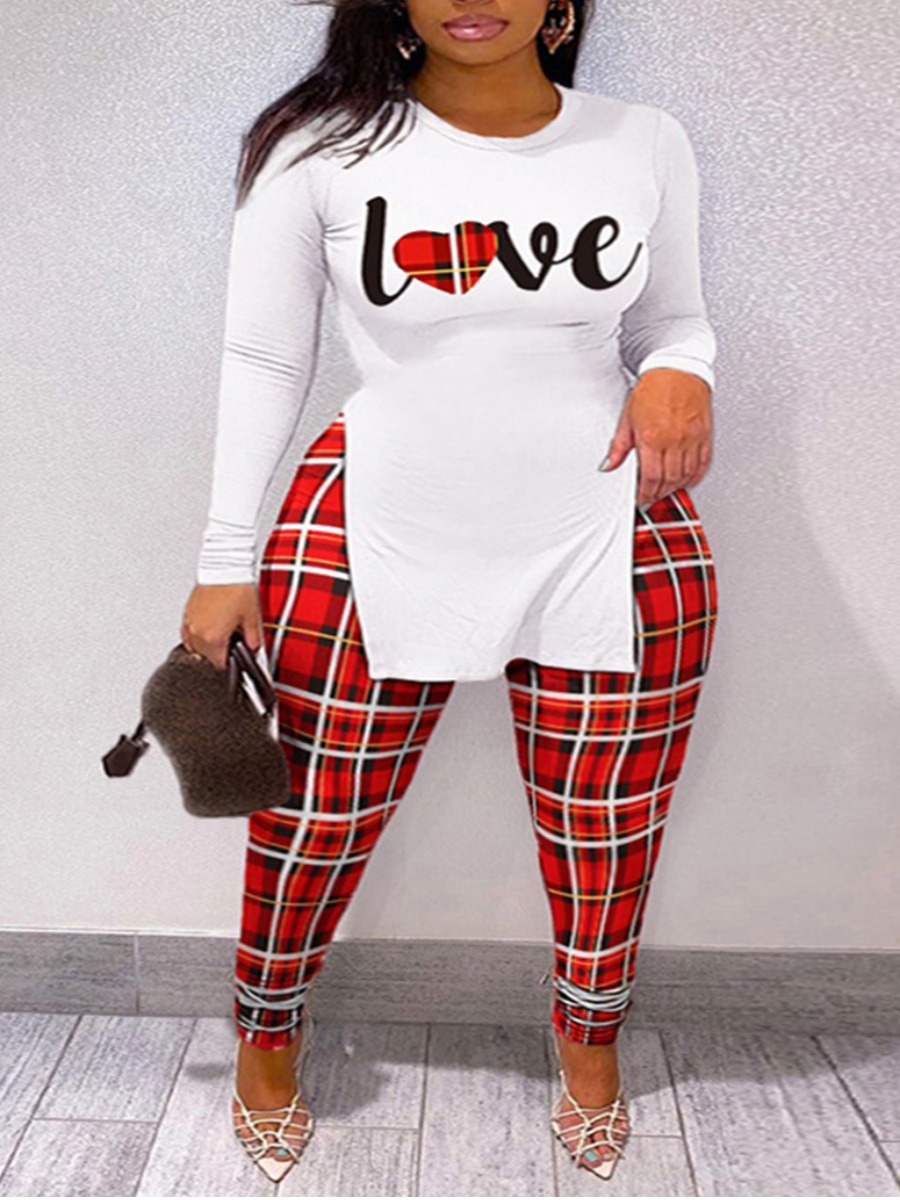 

LW Letter Print Double Split Plaid Pants Set, Red