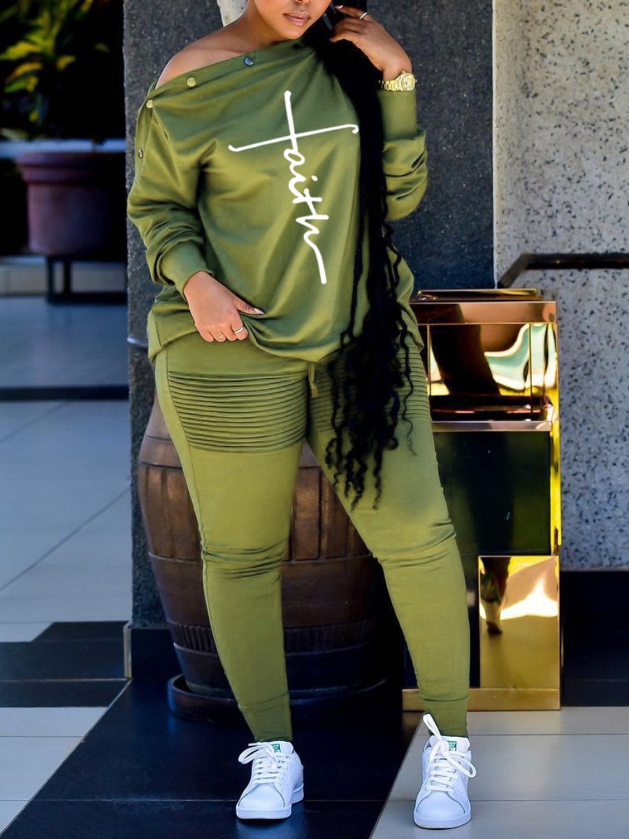 

LW Letter Print Button Design Pants Set, Green