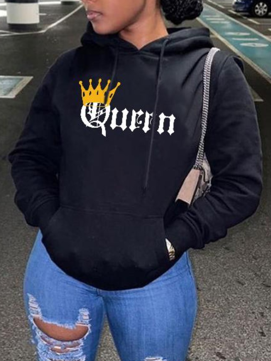 

LW Crown Letter Print Hoodie, Black