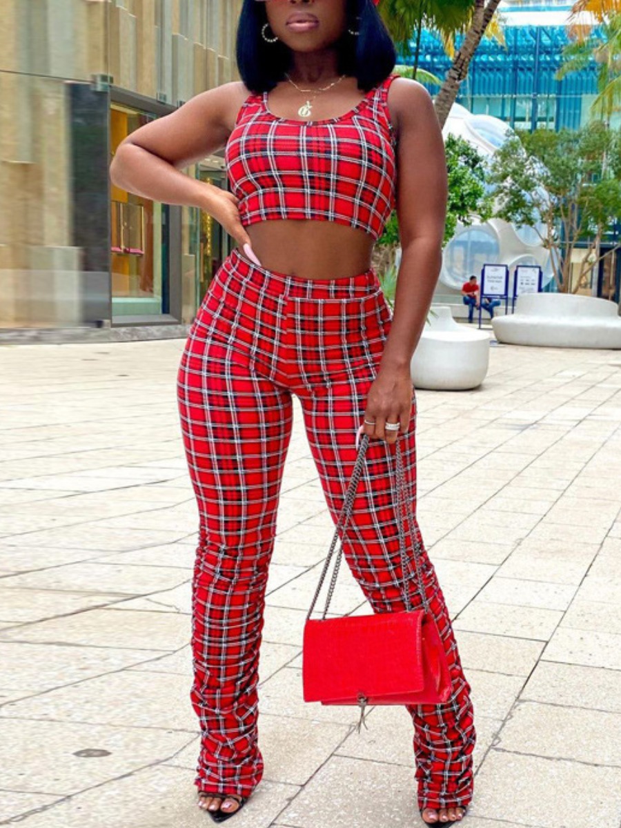 

LW Plaid Print Stacked Pants Set, Red