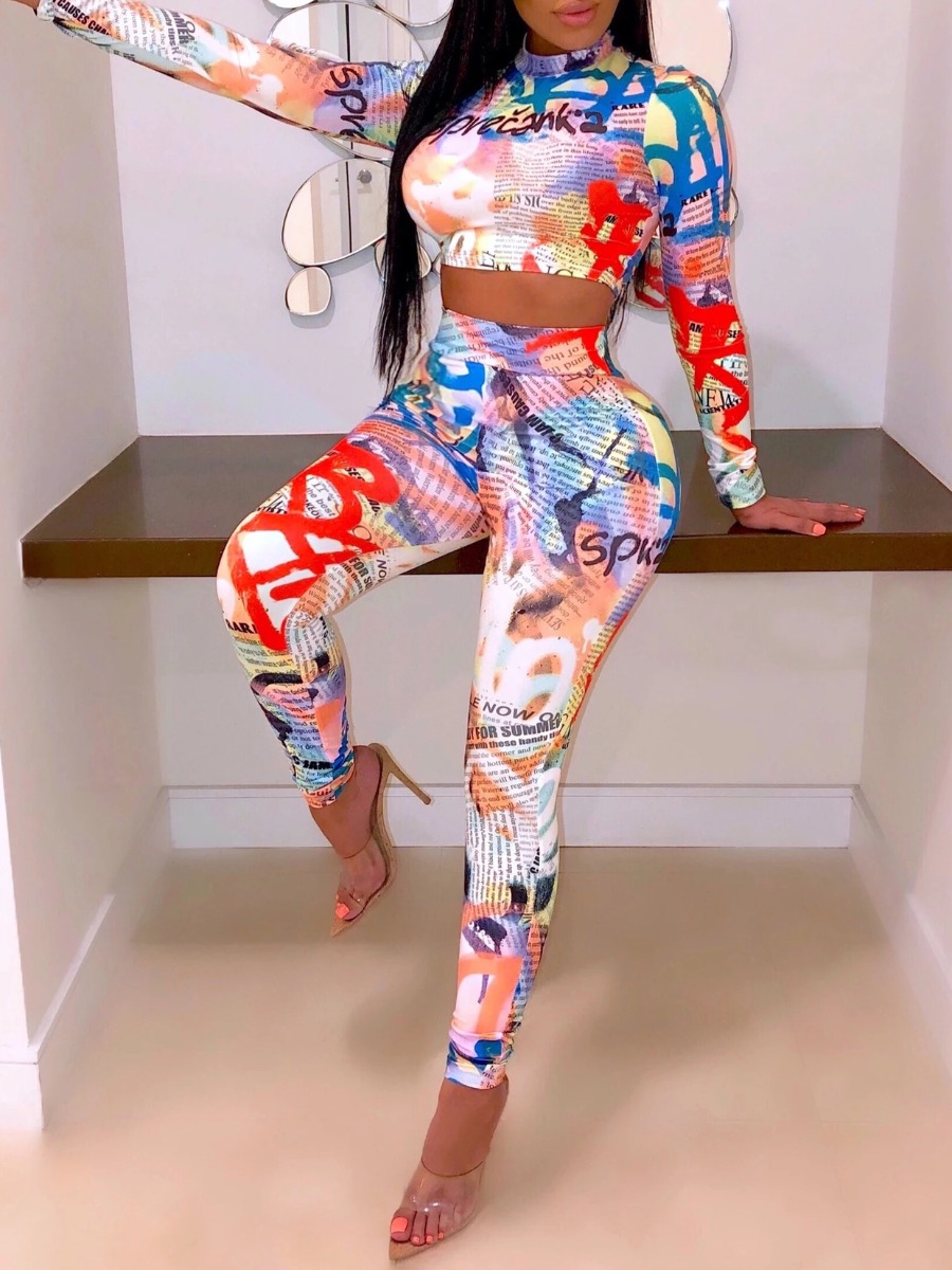 

LW Letter Print Tie-dye Pants Set, Multi