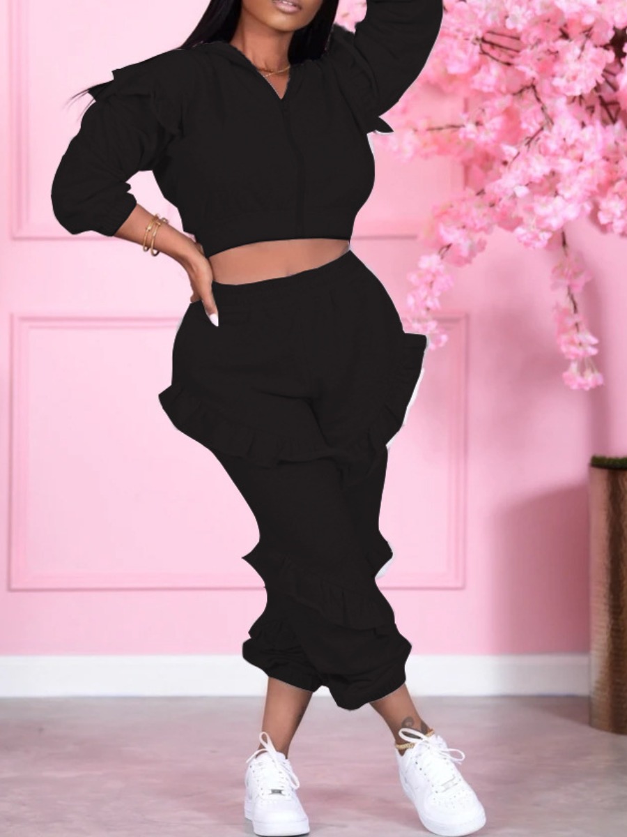 

LW Zipper Ruffle Design Tracksuit Set, Black