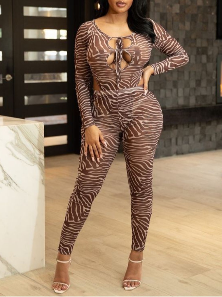 

LW SXY Zebra Stripe See-through Pants Set, Coffee