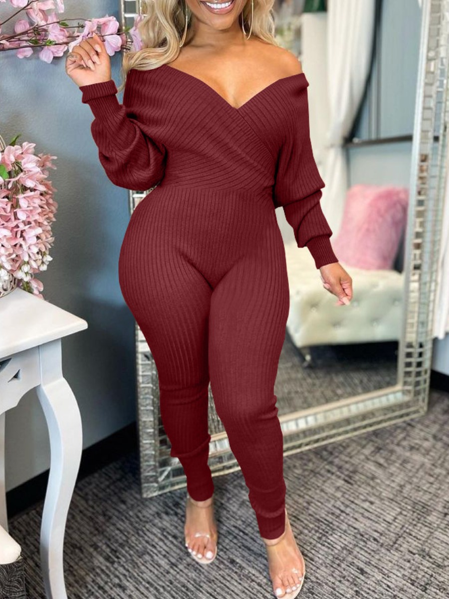 

LW SXY V Neck Rib-Knit Jumpsuit, Wine red