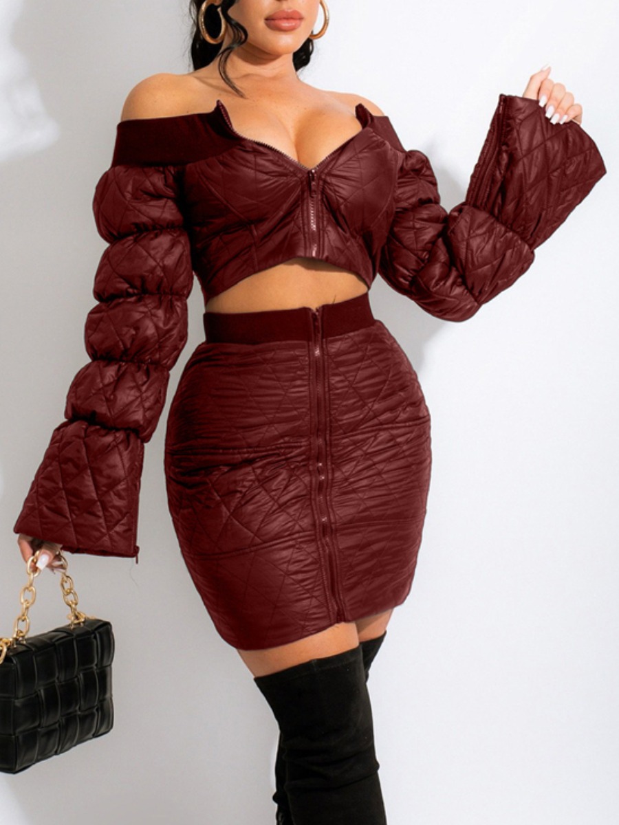 

LW COTTON Puffer Jacket Zipper Design Skirt Set, Wine red