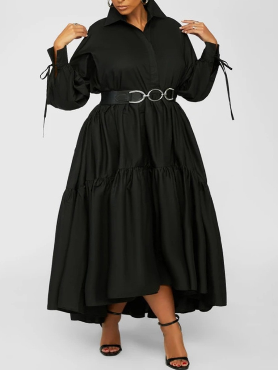 

LW Plus Size Turndown Collar Ruffle Hem Shirt Dress (Without Belt), Black
