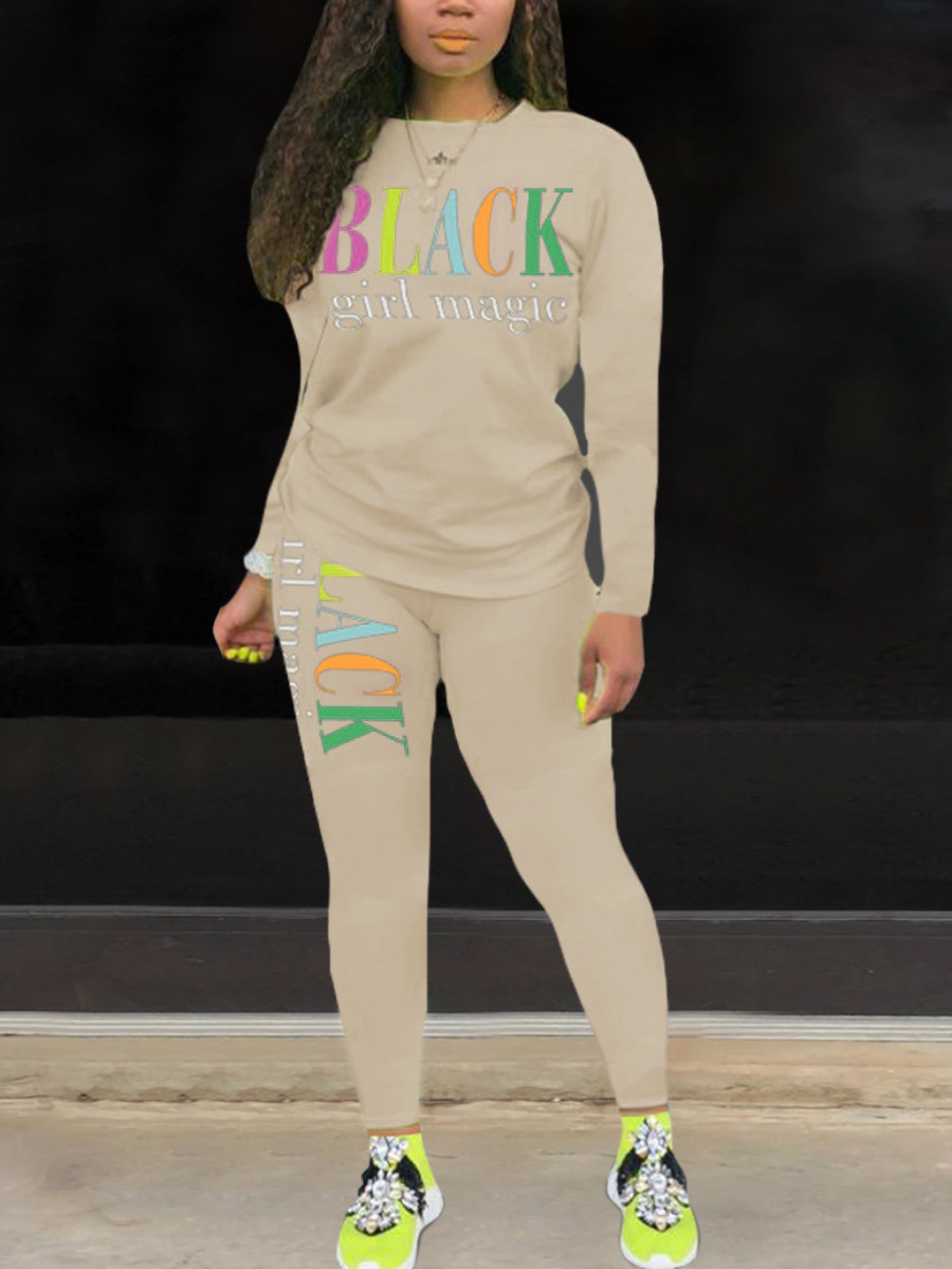 

LW Round Neck Letter Print Tracksuit Set, Apricot