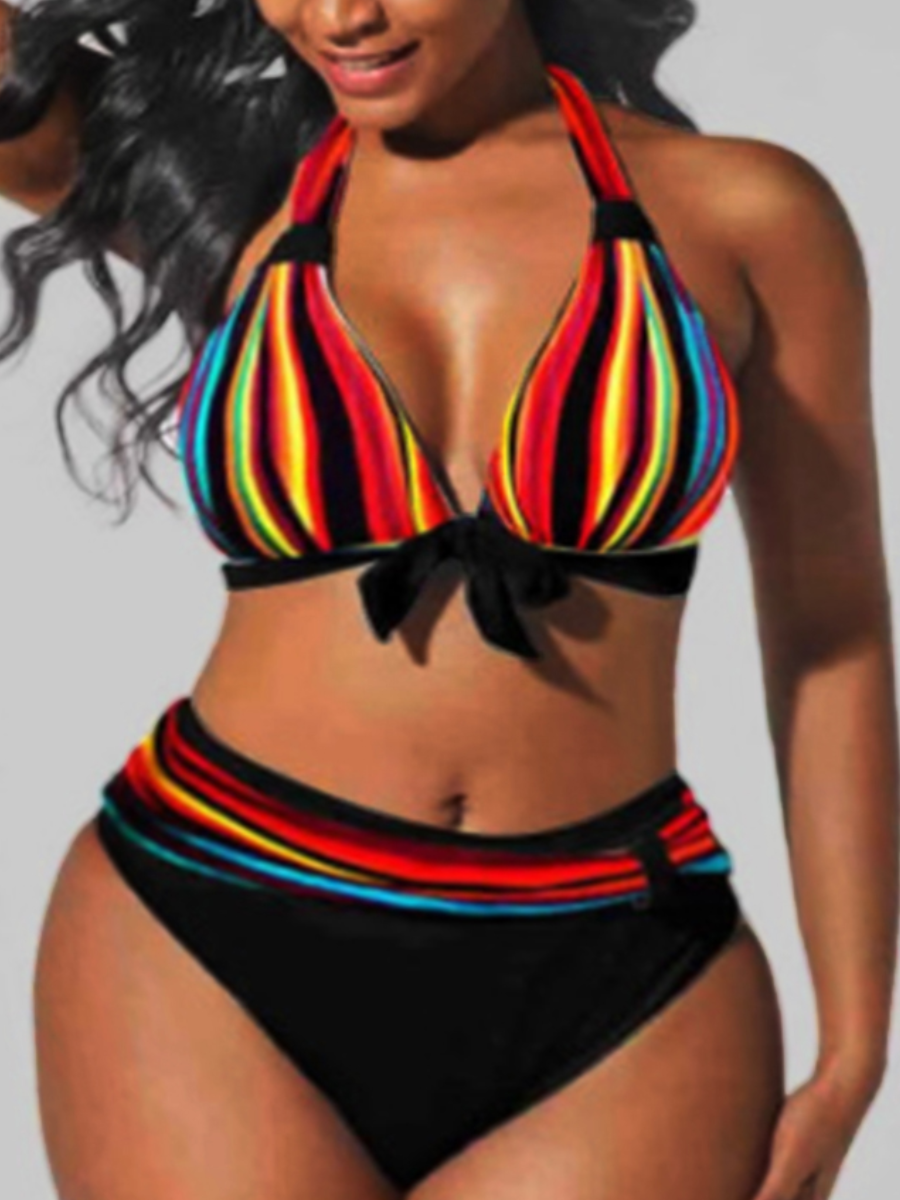 

LW Rainbow Striped Bikini Set, Red