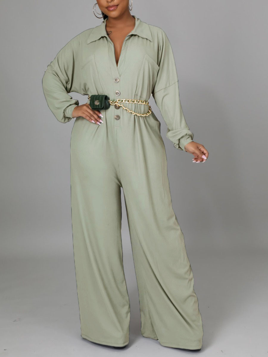 LW Button Design Loose Jumpsuit, Grey