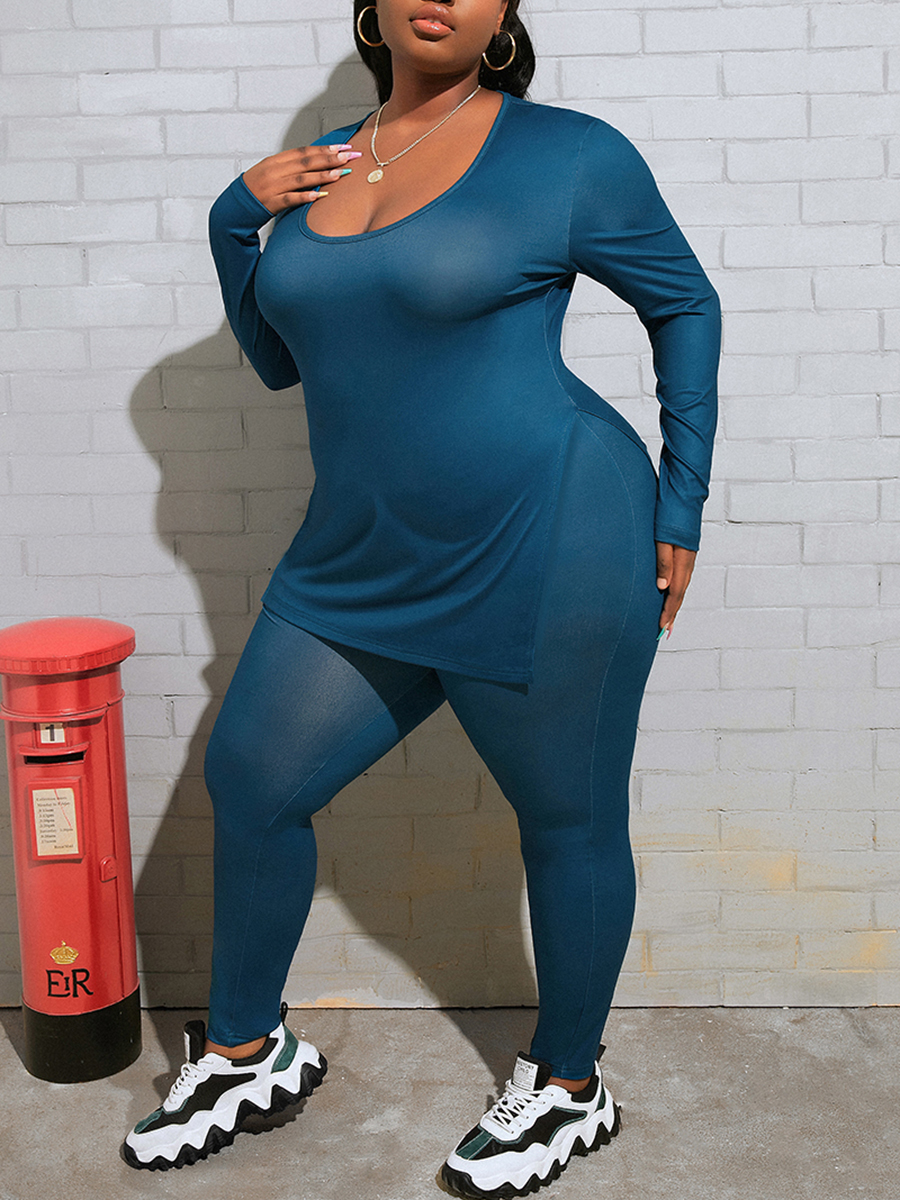 

LW BASICS Plus Size V Neck Side Slit Pants Set, Acid blue