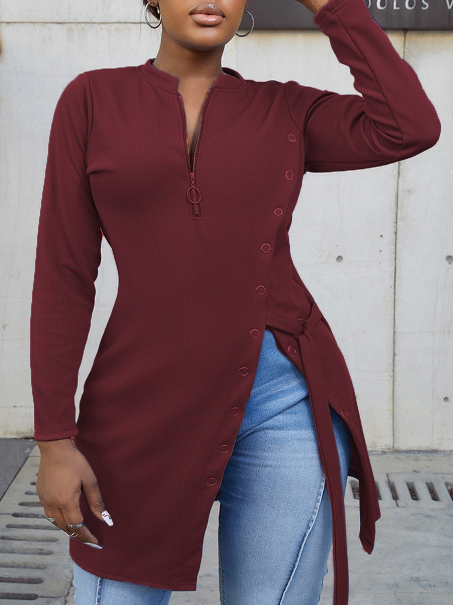 

LW Zipper Design Split Ring Decor T-shirt, Red
