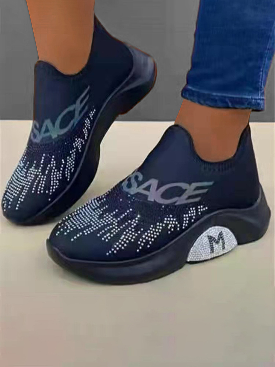 

LW Round Toe Rhinestone Decor Sneakers, Deep blue