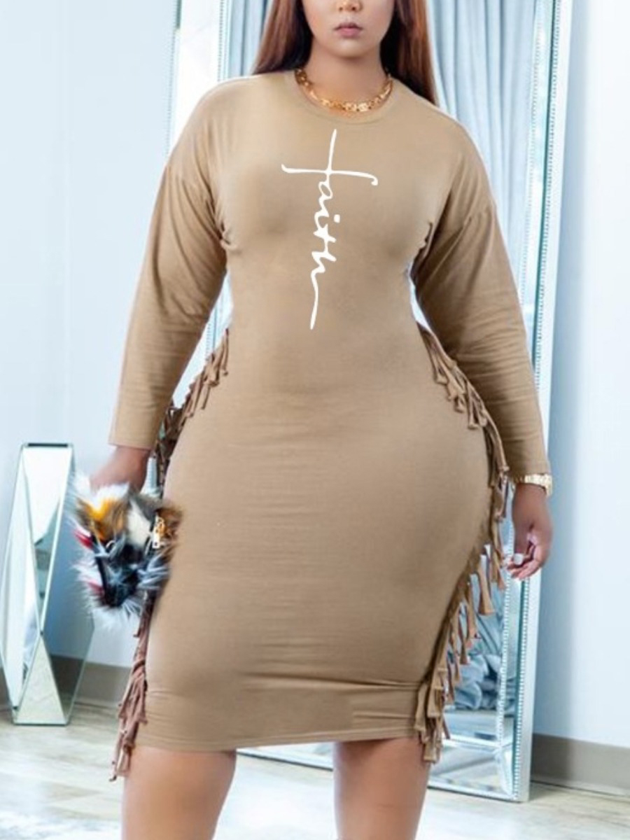 

LW Plus Size Faith Tassel Design Letter Bodycon Dress, Light camel