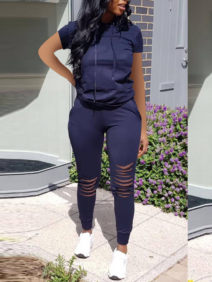 

LW Hooded Collar Ripped Tracksuit Set, Dark blue