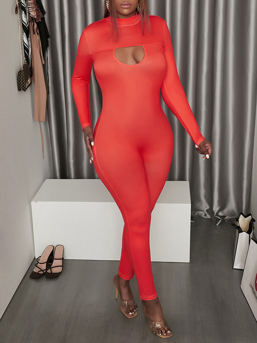 

LW Turtleneck Cut Out Solid Skinny Jumpsuit, Red