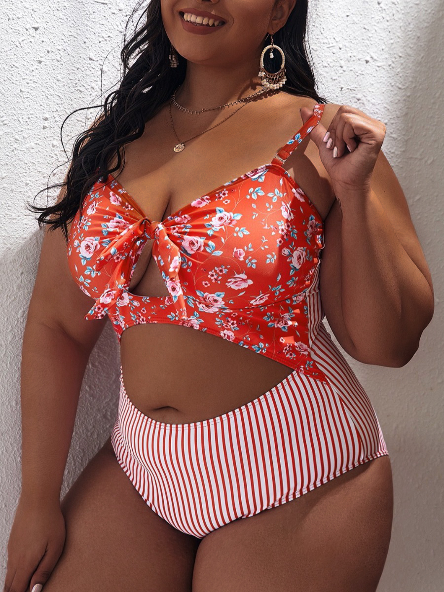 

LW Plus Size Floral Print Striped One-piece Swimsuit, Red