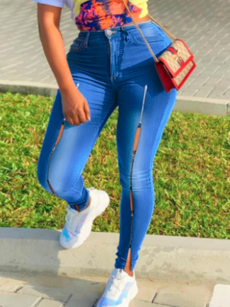 

LW Mid Waist High Stretchy Zipper Design Jeans, Baby blue