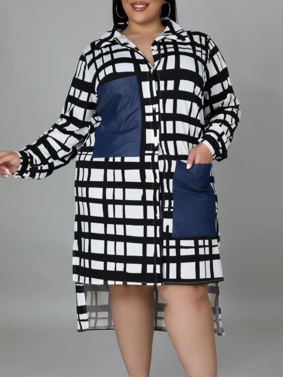 

LW Plus Size Plaid Print Patchwork Shirt Dress, White