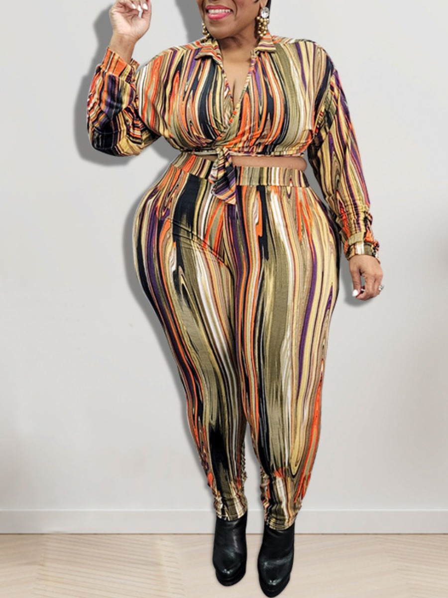 

LW Plus Size Mixed Print Bandage Design Pants Set, Multi