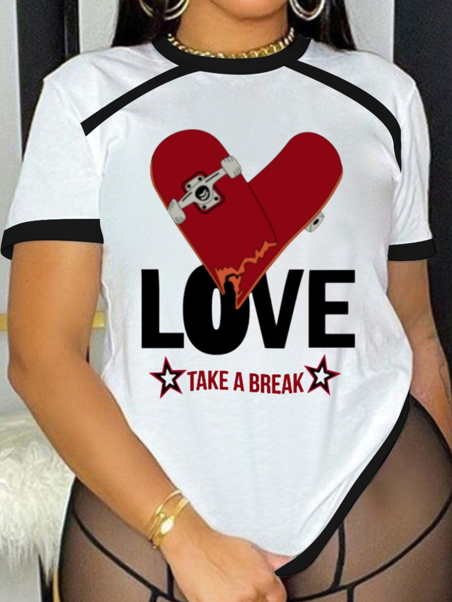 

LW Plus Size Letter Heart Print T-shirt, White