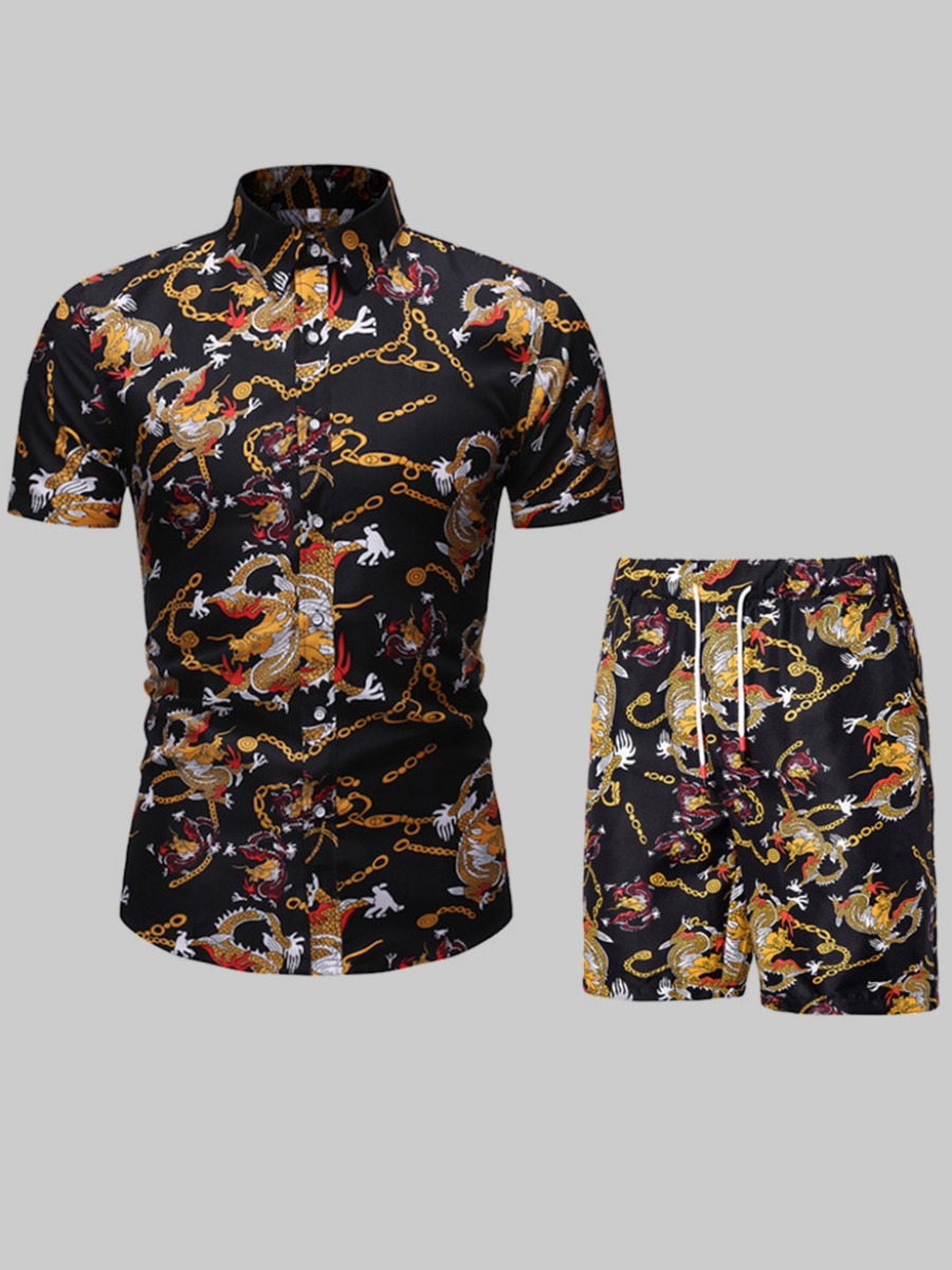 

LW Men Chain Print Patchwork Shorts Set, Black