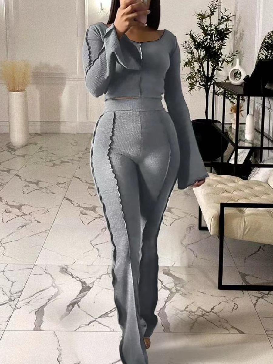 

LW Rib-Knit Flared Pants Set, Grey