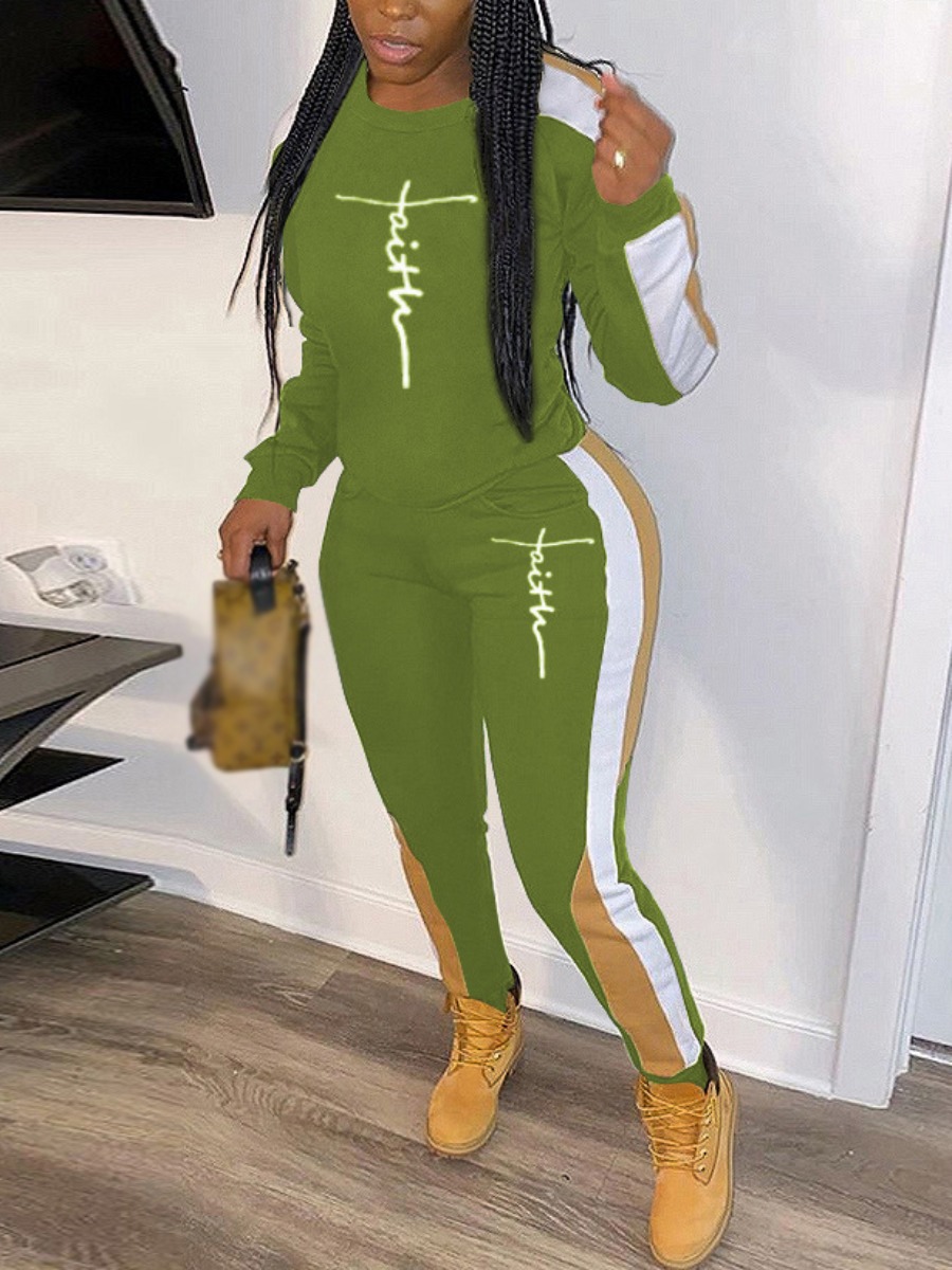 

LW Faith Letter Print Striped Tracksuit Set, Green