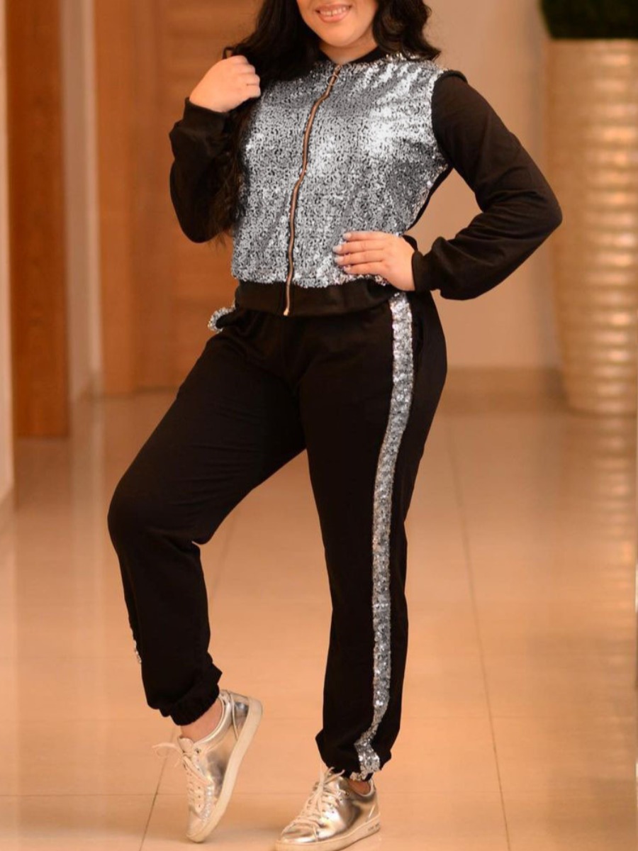 

LW Sequined Striped Tracksuit Set, Silver