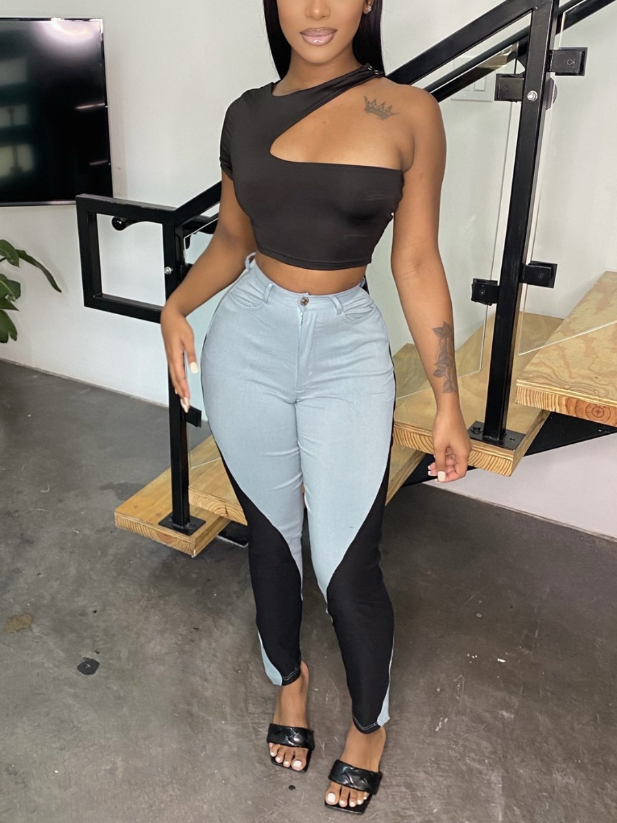 

LW SXY One Shoulder High-waisted Pants Set, Black