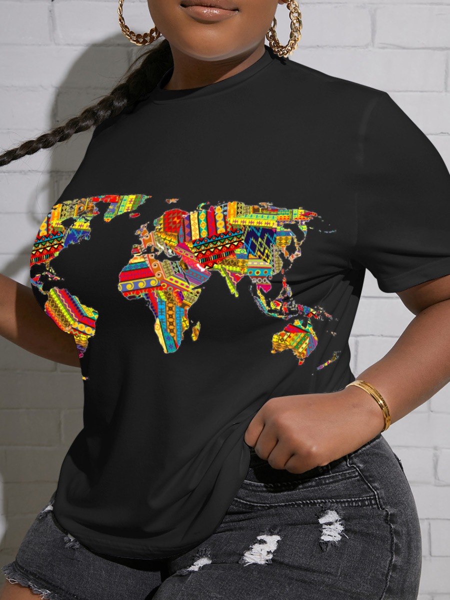 

LW Plus Size World Map Print Patchwork T-shirt, Black