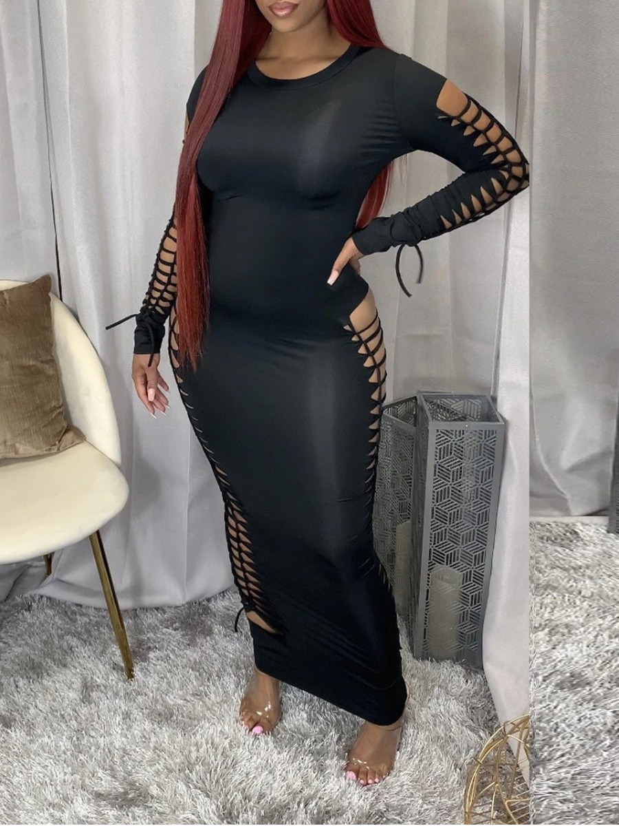 

LW SXY Round Neck Ripped Bodycon Dress, Black