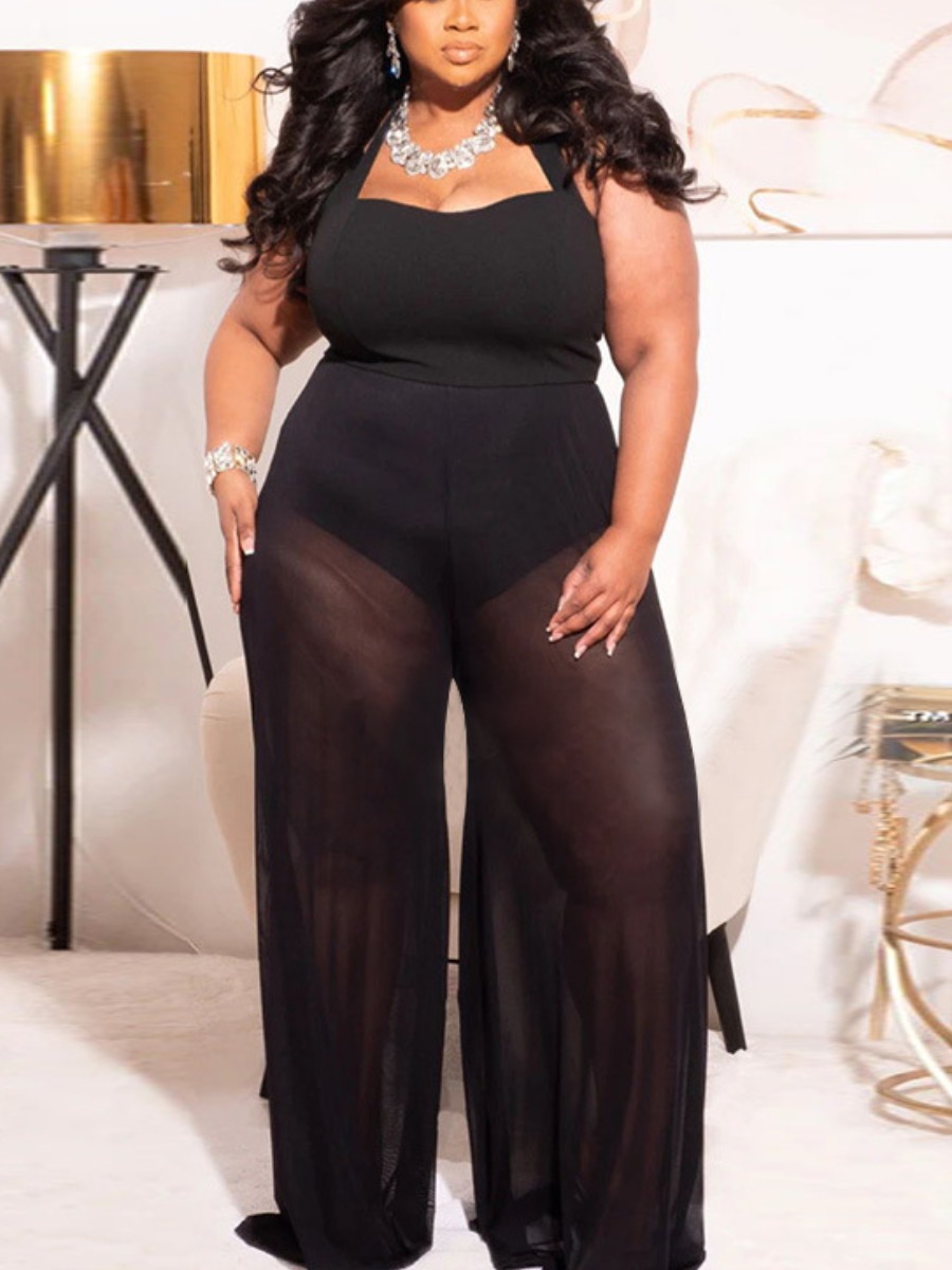 

LW Plus Size See-through Wide Leg Jumpsuit, Black