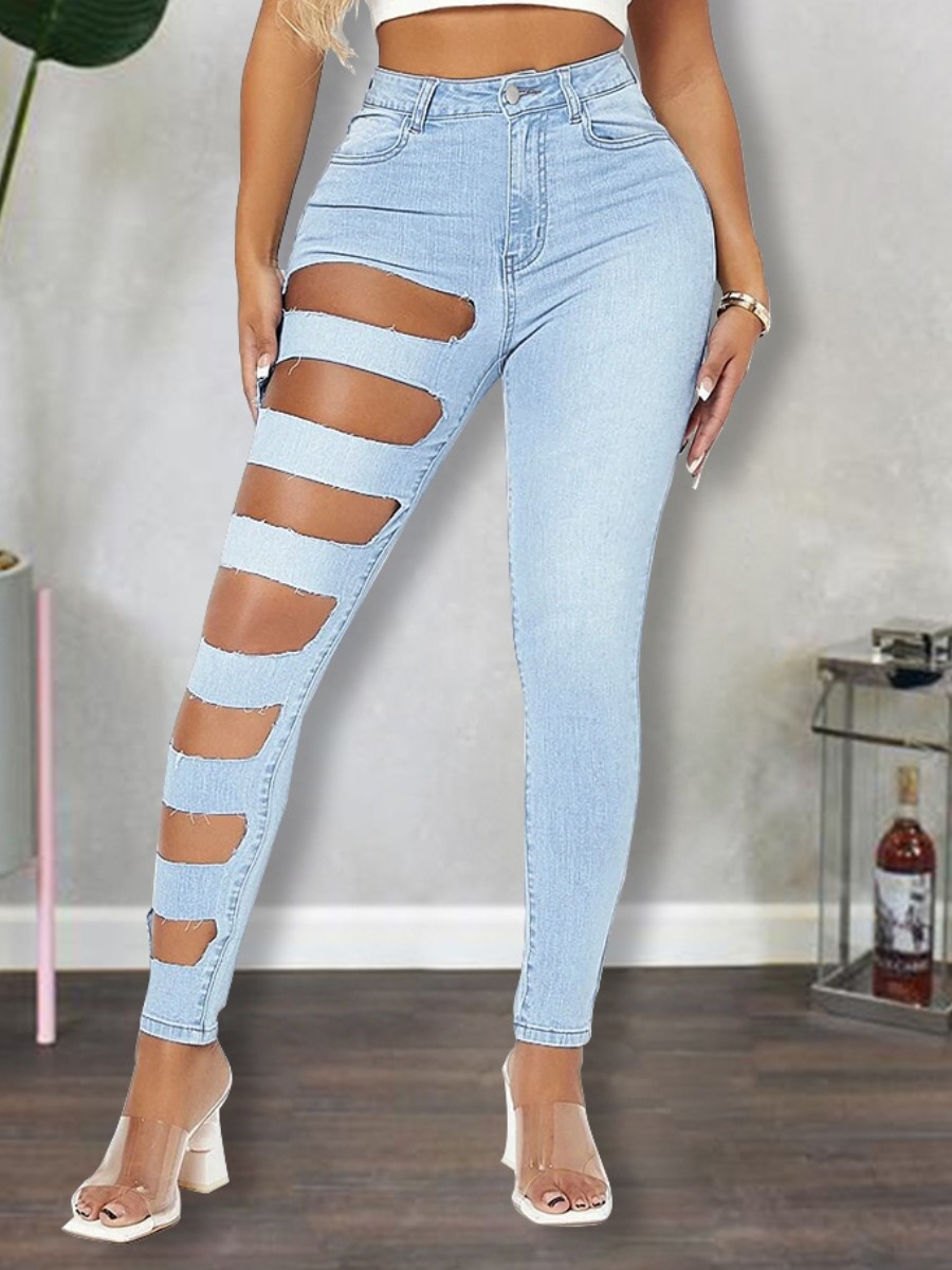 

LW Mid Waist Ripped Jeans, Baby blue