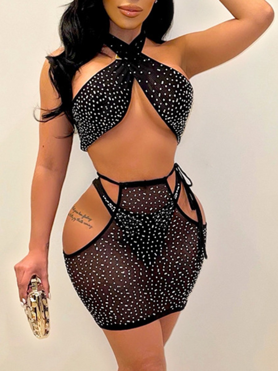 

LW SXY Sequined See-through Skirt Set, Black