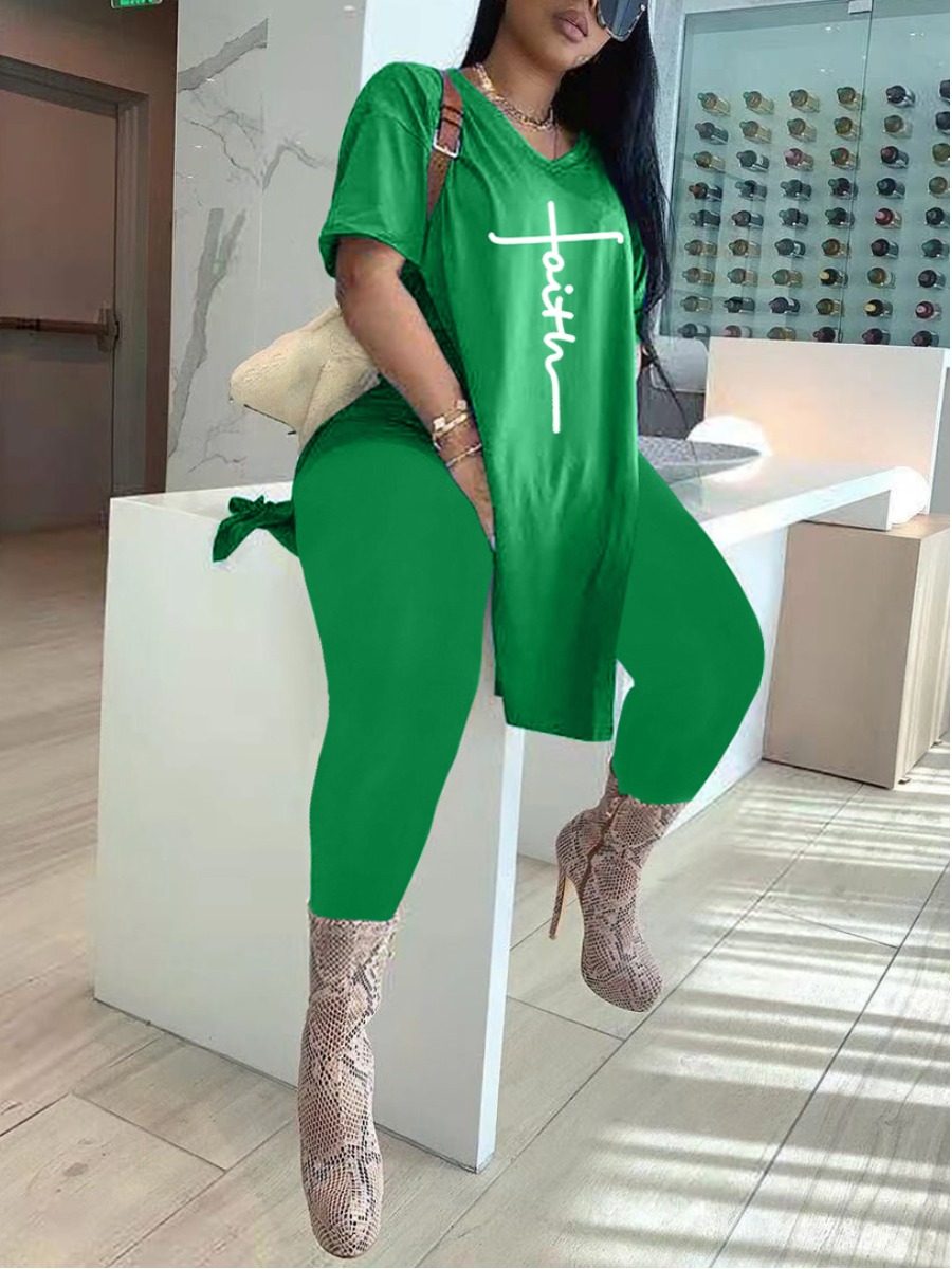 

LW Plus Size Letter Print Split Pants Set, Green