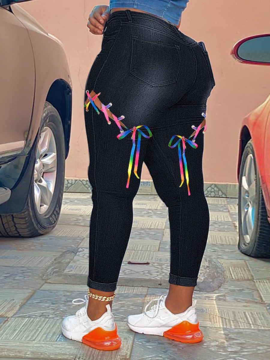 

LW Plus Size Stretchy Distressed Bandage Hollow-out Design Jeans, Blue black