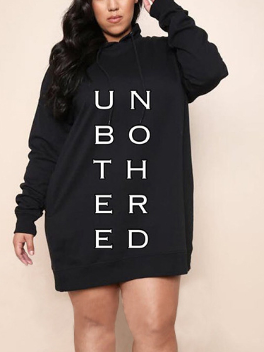 

LW Plus Size Hooded Collar Letter Print Sweat Dress, Pitch-black