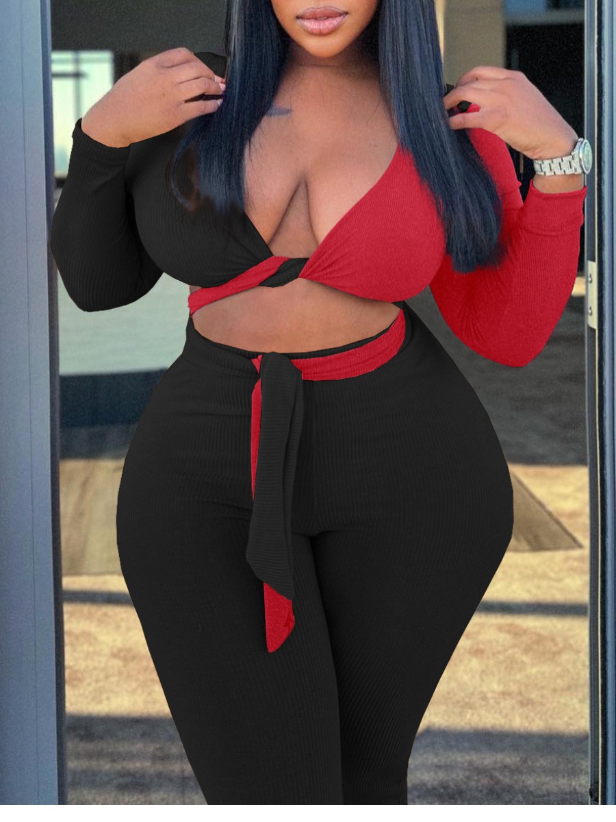 

LW Plus Size Bandage Design Flared Pants Set, Black