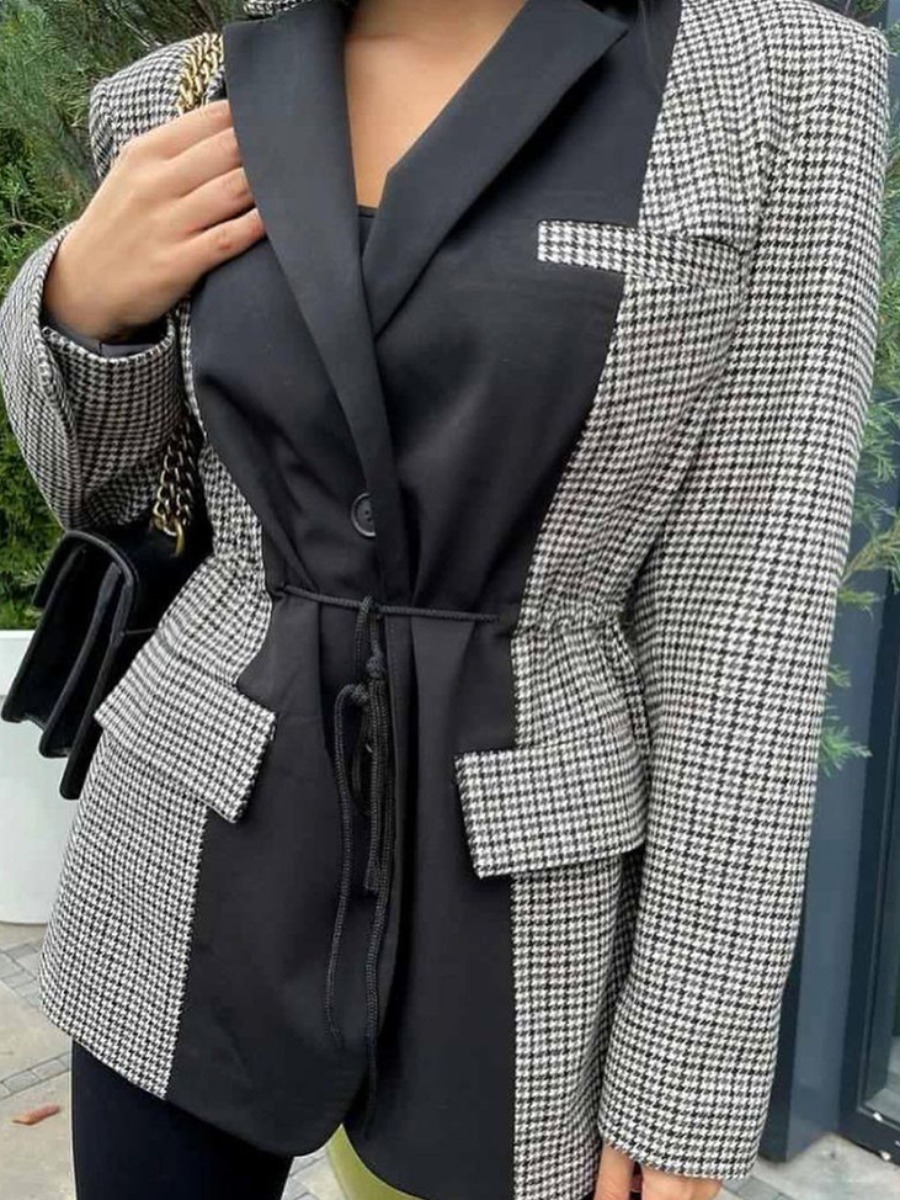 

LW Plaid Print Drawstring Blazer, Black