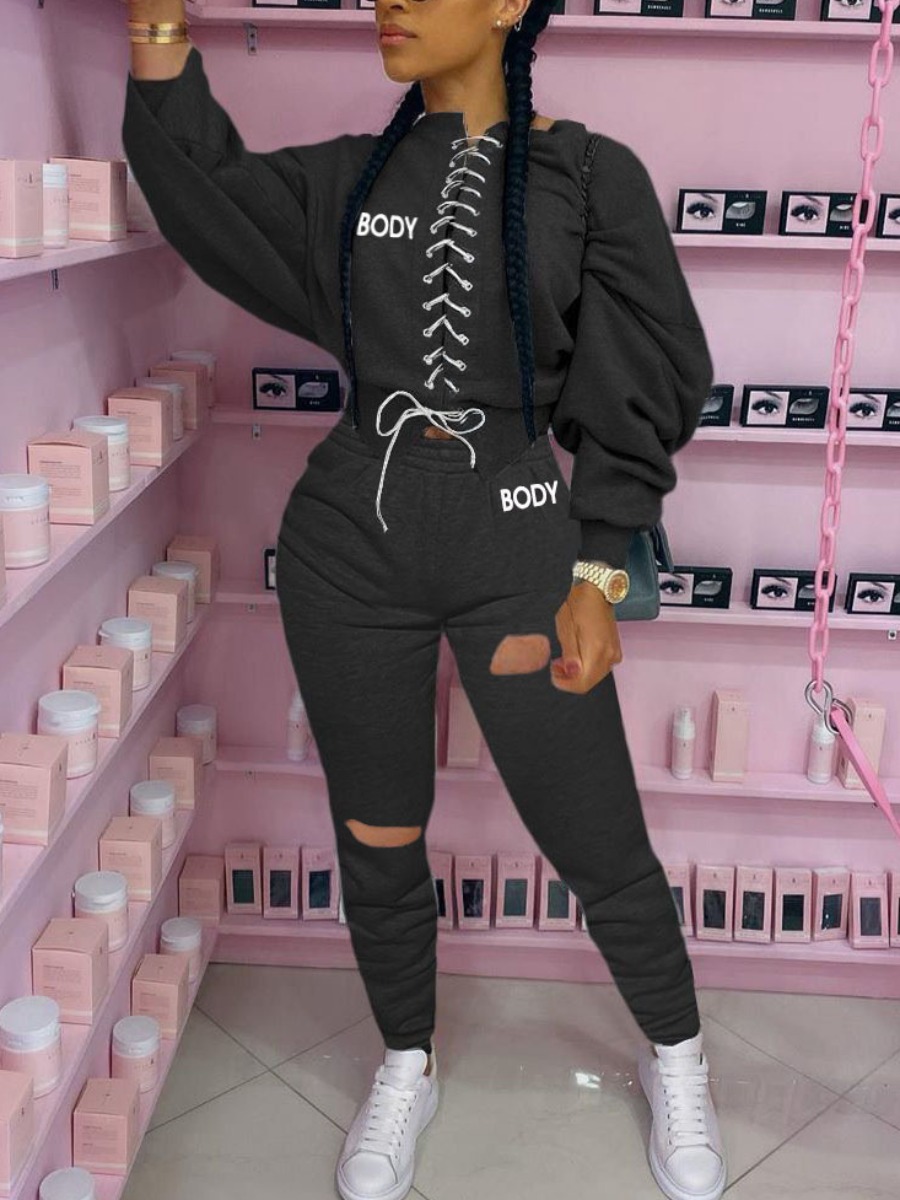 

LW Letter Print Bandage Design Tracksuit Set, Black