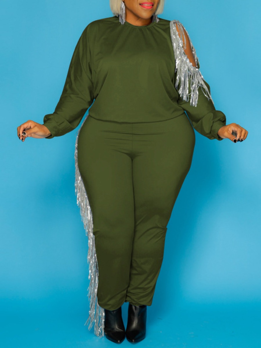 

LW Plus Size Tassel Design Cut Out Pants Set, Army green